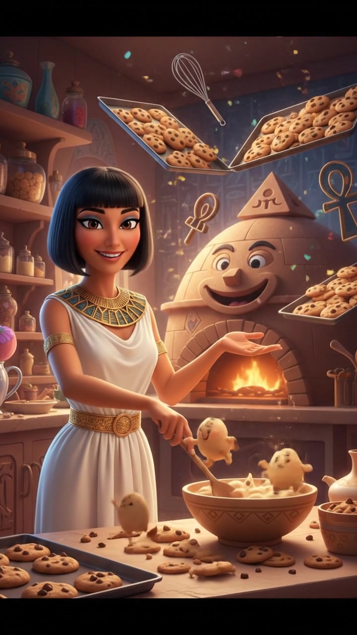 baking cookies in a whimsical kitchen with animated utensils and dancing dough