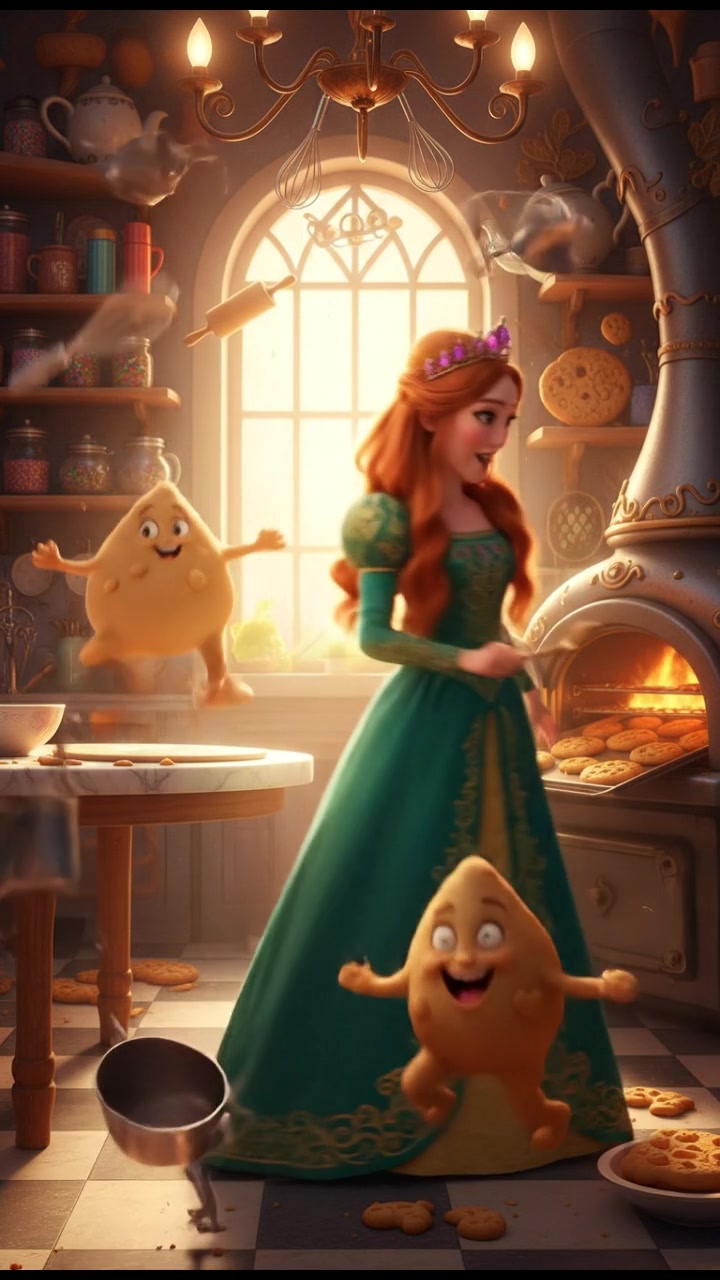 baking cookies in a whimsical kitchen with animated utensils and dancing dough