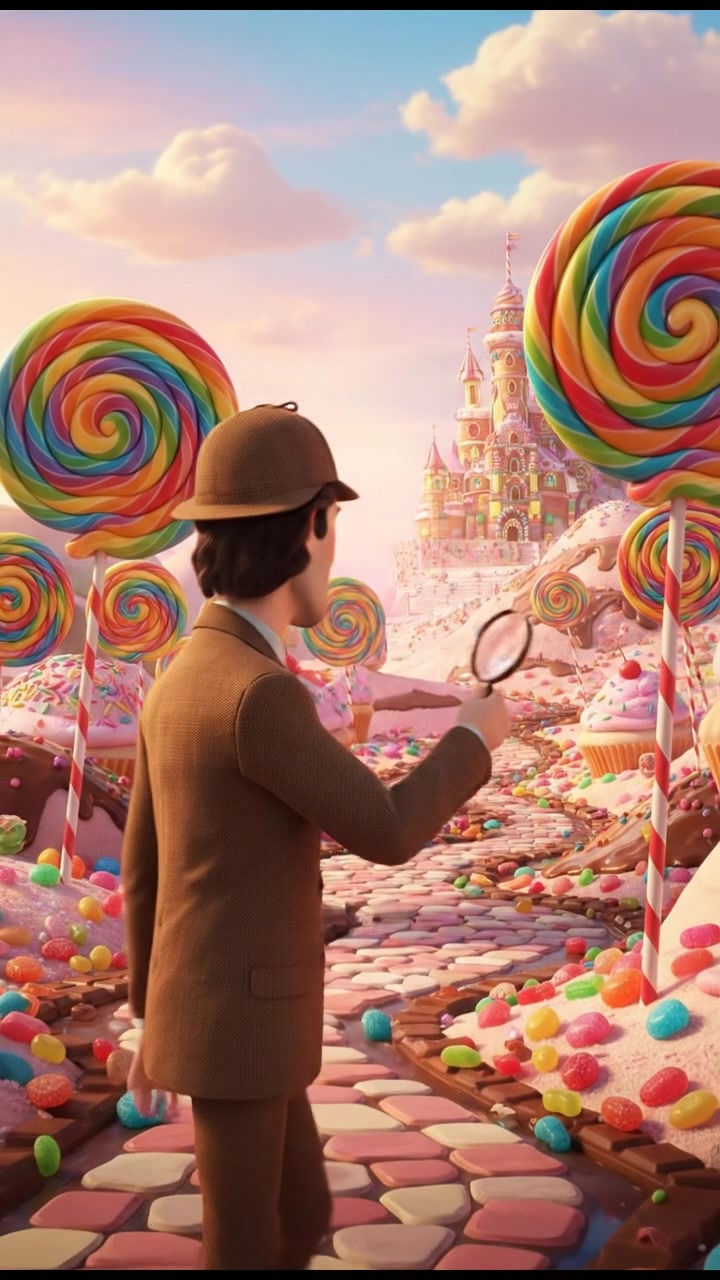 exploring a candy land filled with oversized sweets, bright colors and happy expressions