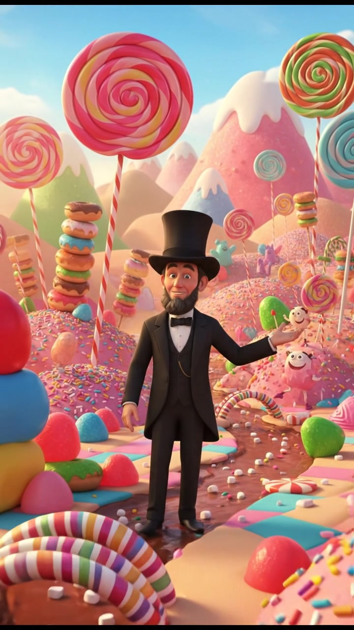 exploring a candy land filled with oversized sweets, bright colors and happy expressions