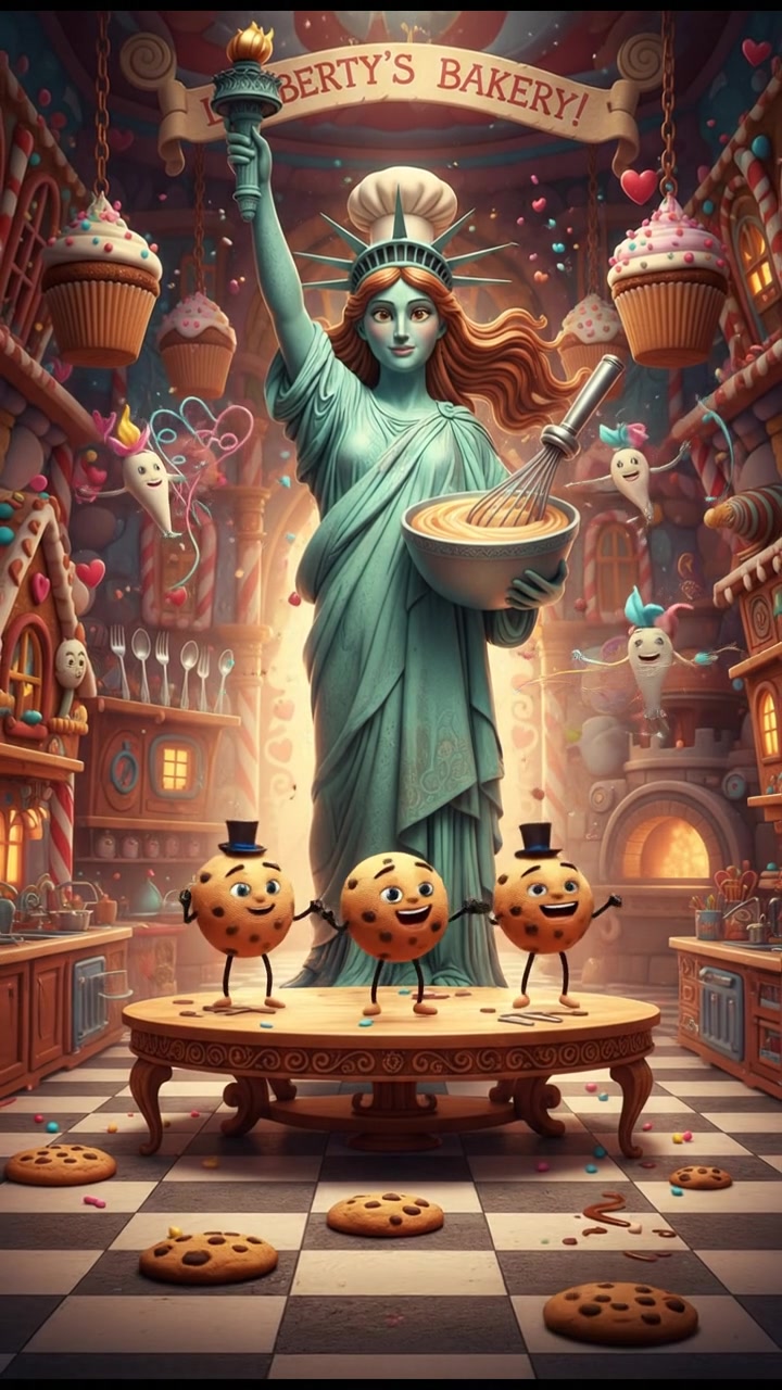 baking cookies in a whimsical kitchen with animated utensils and dancing dough