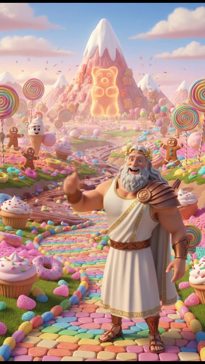 exploring a candy land filled with oversized sweets, bright colors and happy expressions