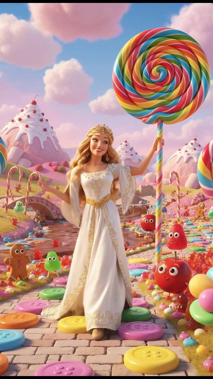 exploring a candy land filled with oversized sweets, bright colors and happy expressions