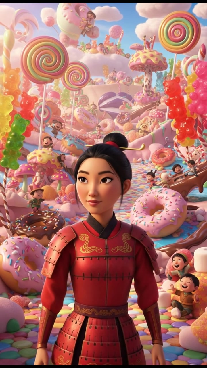 exploring a candy land filled with oversized sweets, bright colors and happy expressions