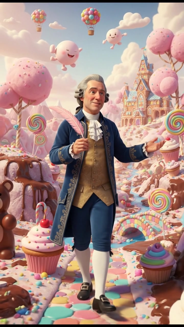 exploring a candy land filled with oversized sweets, bright colors and happy expressions