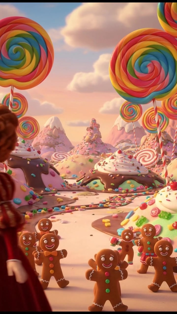 exploring a candy land filled with oversized sweets, bright colors and happy expressions