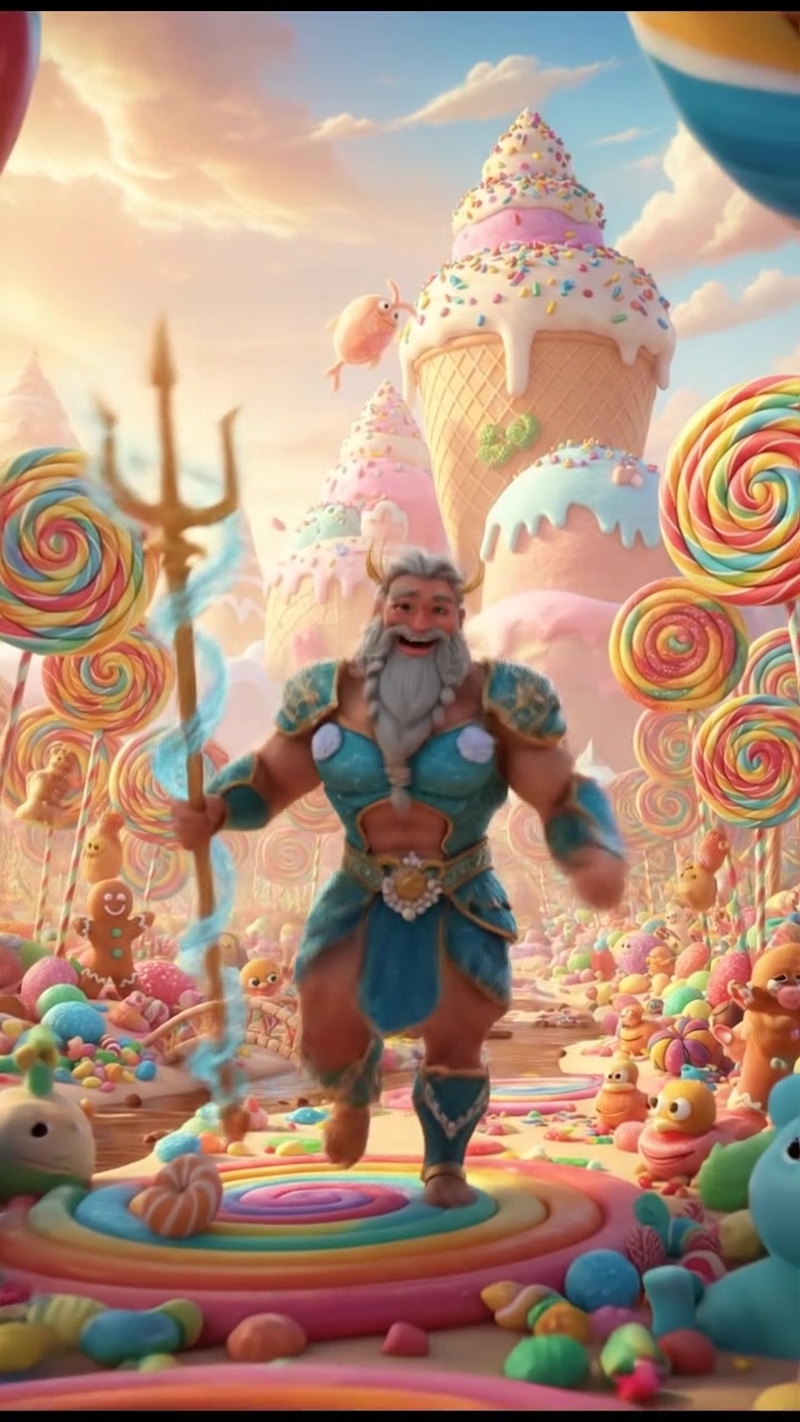 exploring a candy land filled with oversized sweets, bright colors and happy expressions