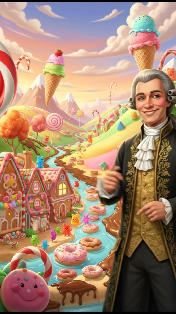 exploring a candy land filled with oversized sweets, bright colors and happy expressions