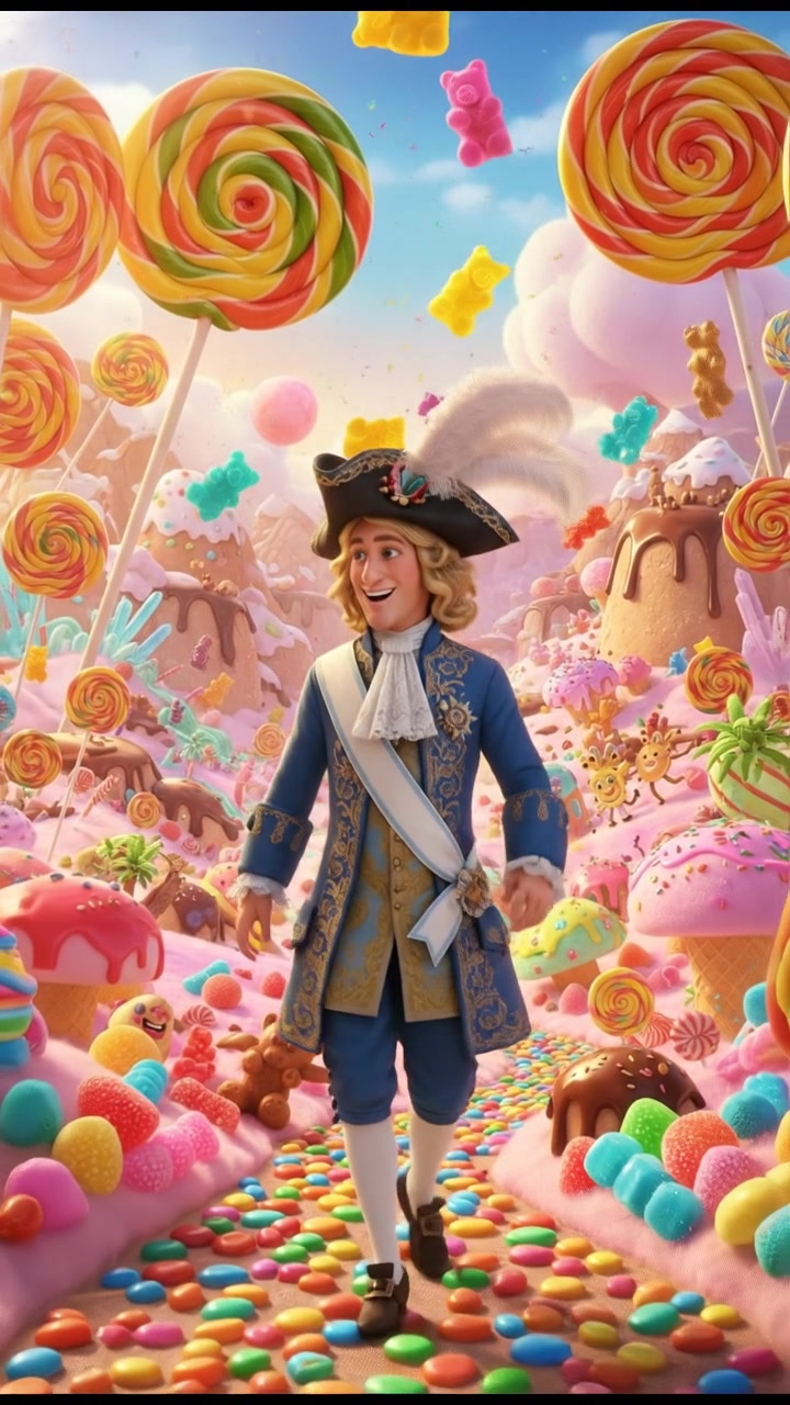 exploring a candy land filled with oversized sweets, bright colors and happy expressions