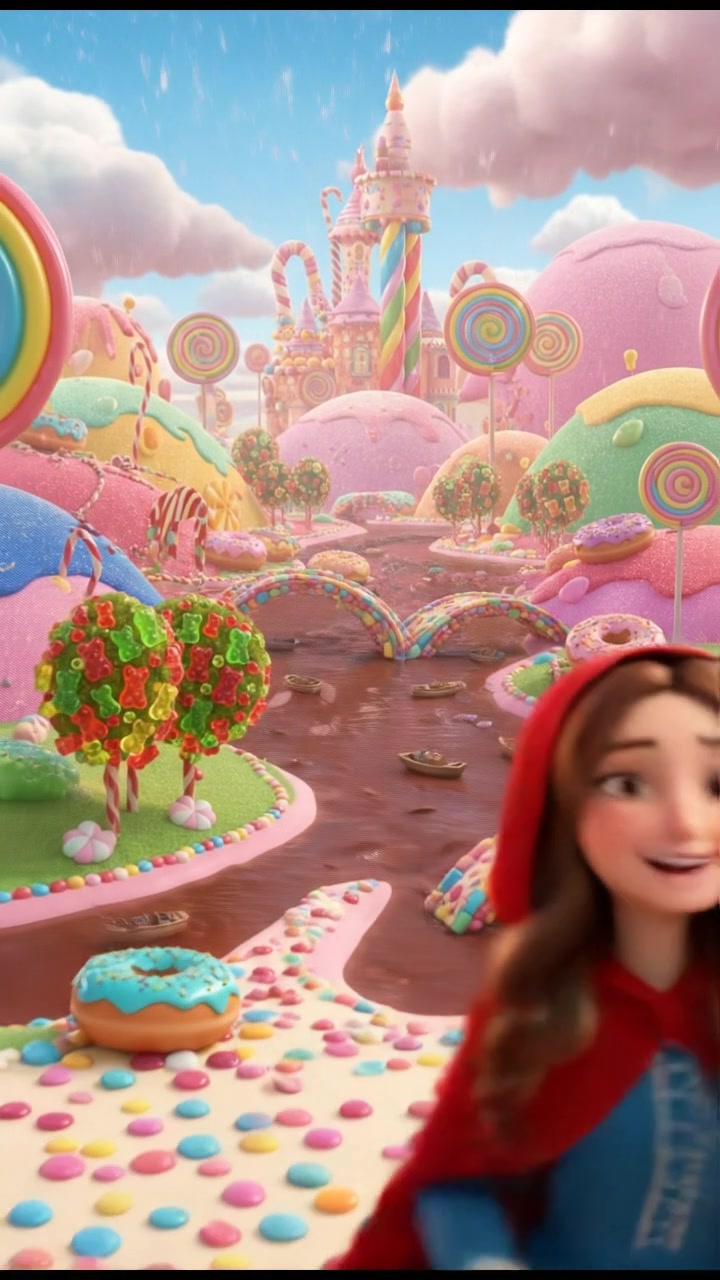exploring a candy land filled with oversized sweets, bright colors and happy expressions