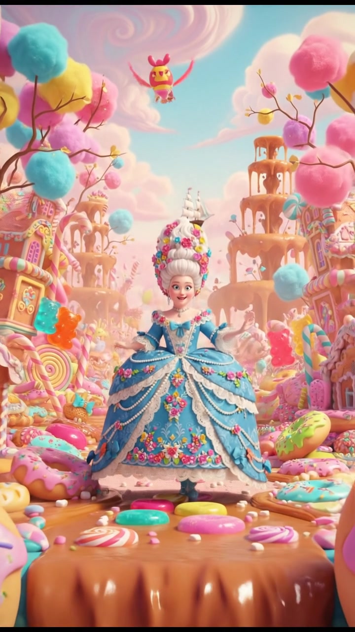 exploring a candy land filled with oversized sweets, bright colors and happy expressions