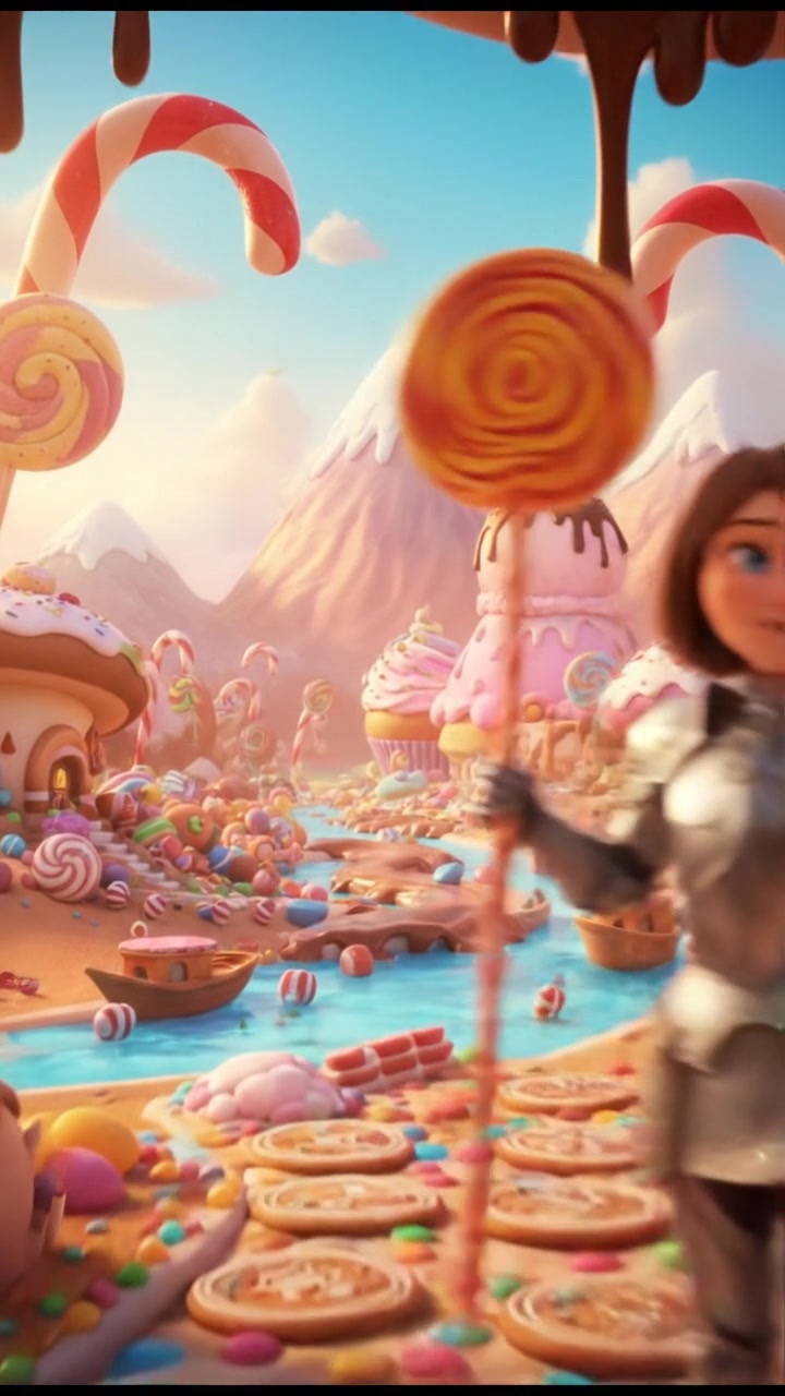 exploring a candy land filled with oversized sweets, bright colors and happy expressions