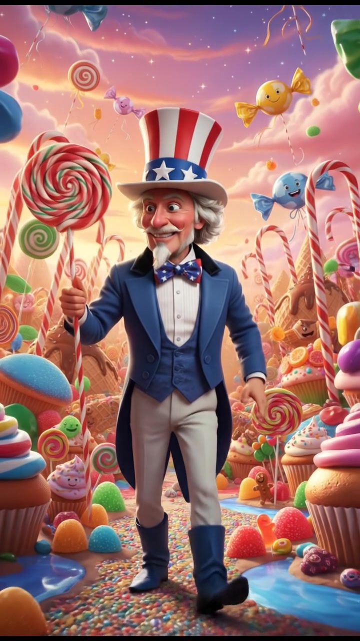 exploring a candy land filled with oversized sweets, bright colors and happy expressions