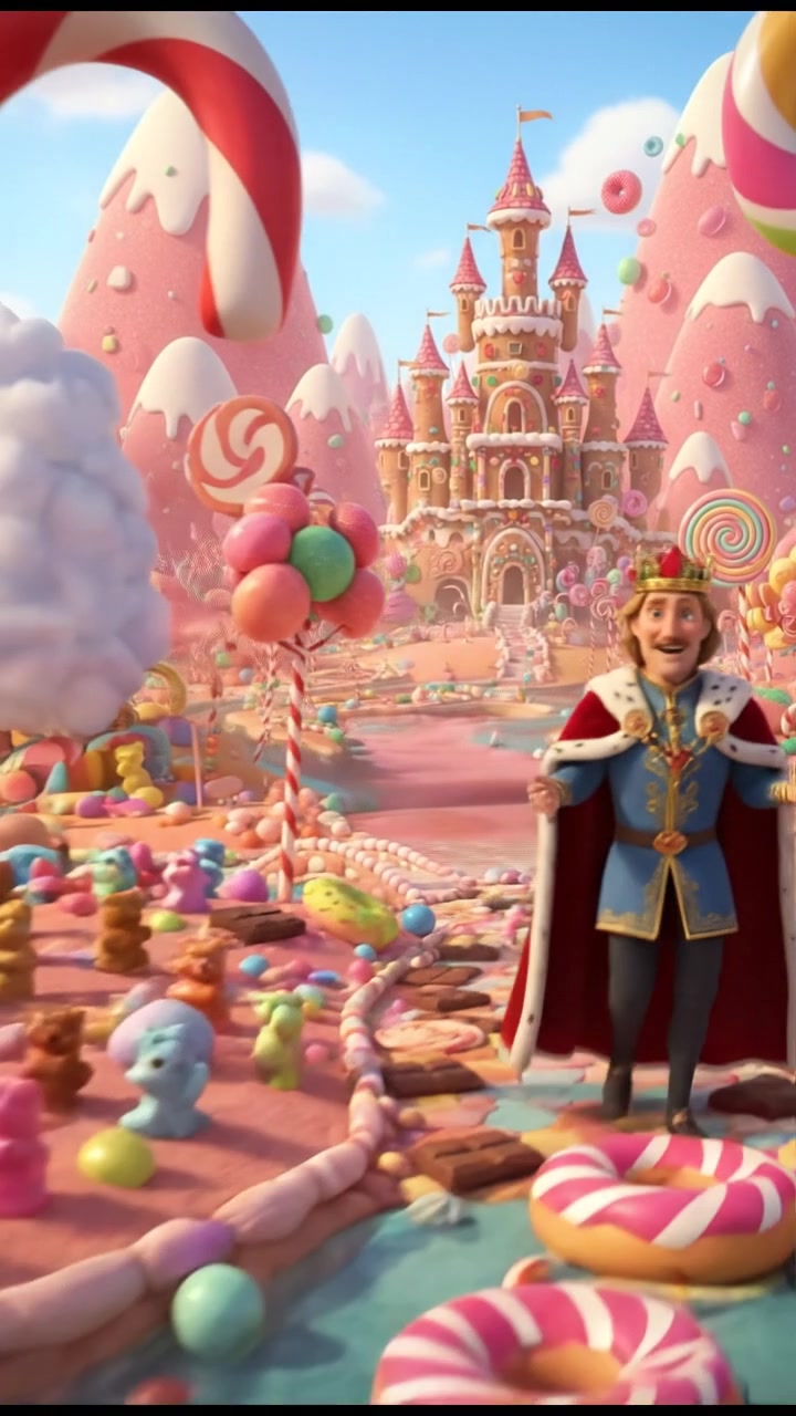 exploring a candy land filled with oversized sweets, bright colors and happy expressions