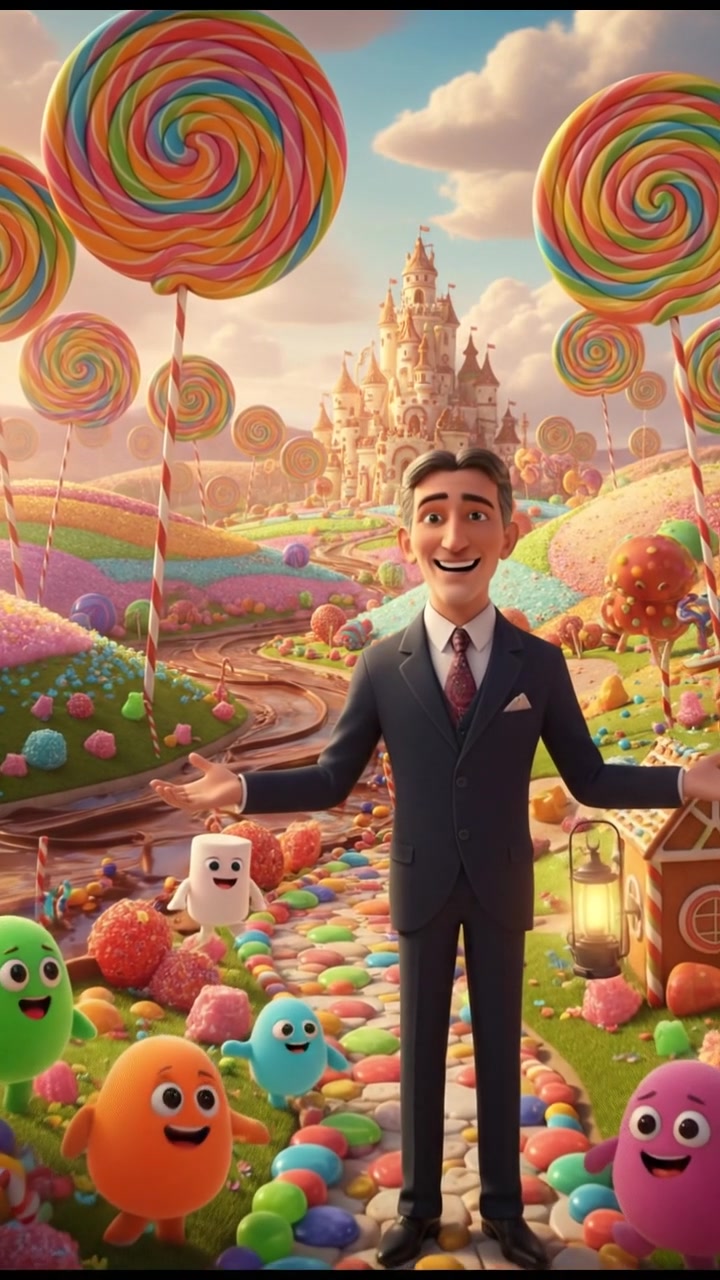 exploring a candy land filled with oversized sweets, bright colors and happy expressions