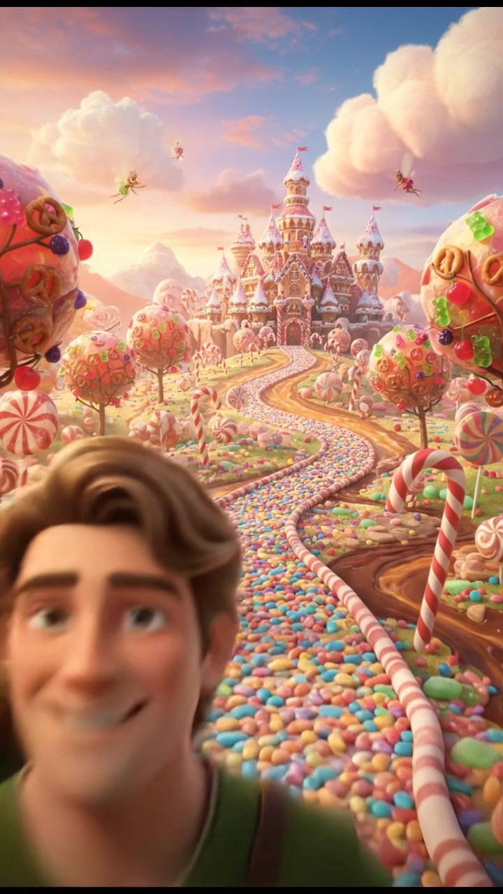 exploring a candy land filled with oversized sweets, bright colors and happy expressions