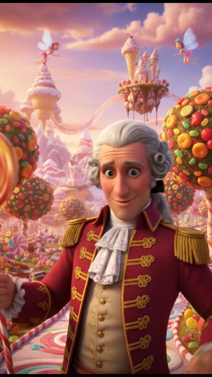 exploring a candy land filled with oversized sweets, bright colors and happy expressions