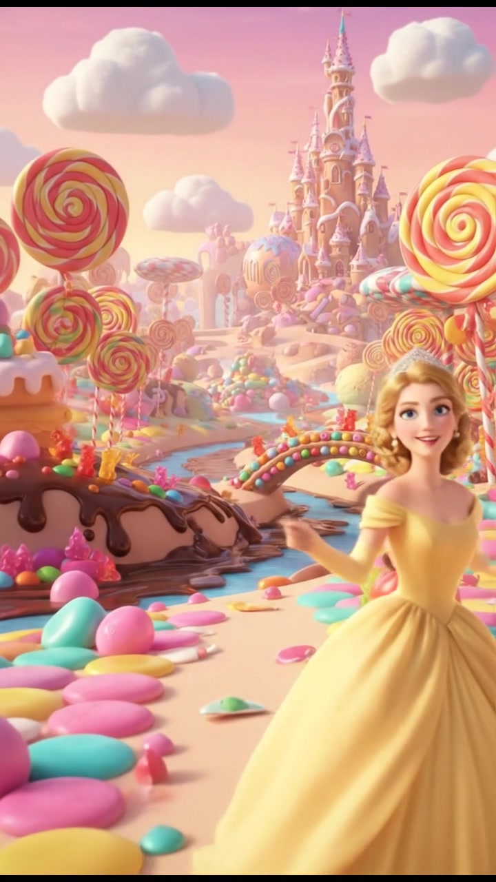 exploring a candy land filled with oversized sweets, bright colors and happy expressions