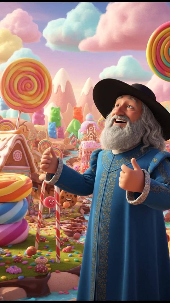 exploring a candy land filled with oversized sweets, bright colors and happy expressions