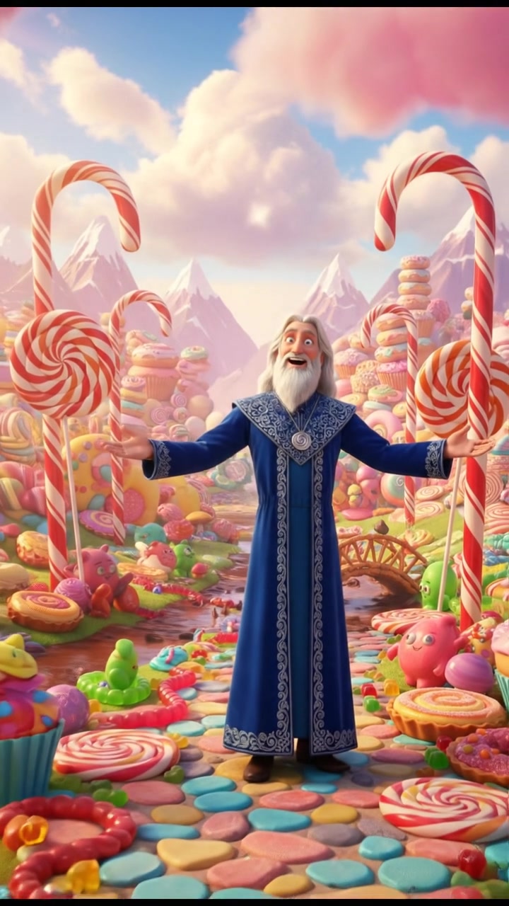 exploring a candy land filled with oversized sweets, bright colors and happy expressions