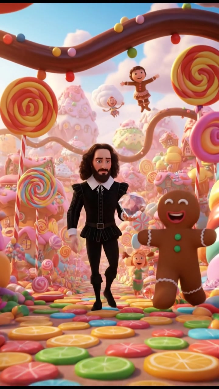 exploring a candy land filled with oversized sweets, bright colors and happy expressions
