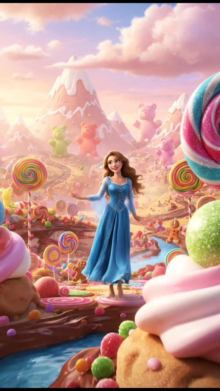 exploring a candy land filled with oversized sweets, bright colors and happy expressions