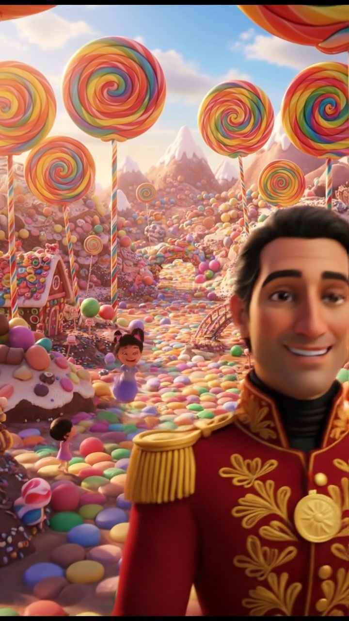 exploring a candy land filled with oversized sweets, bright colors and happy expressions