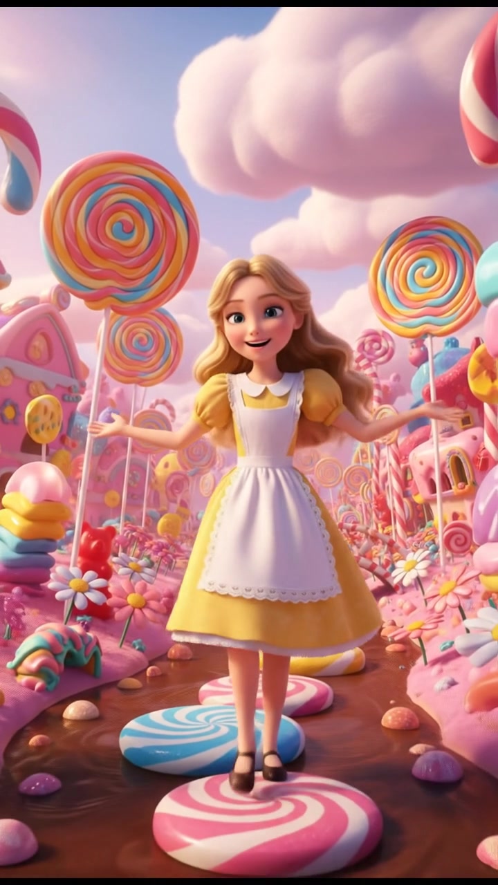 exploring a candy land filled with oversized sweets, bright colors and happy expressions