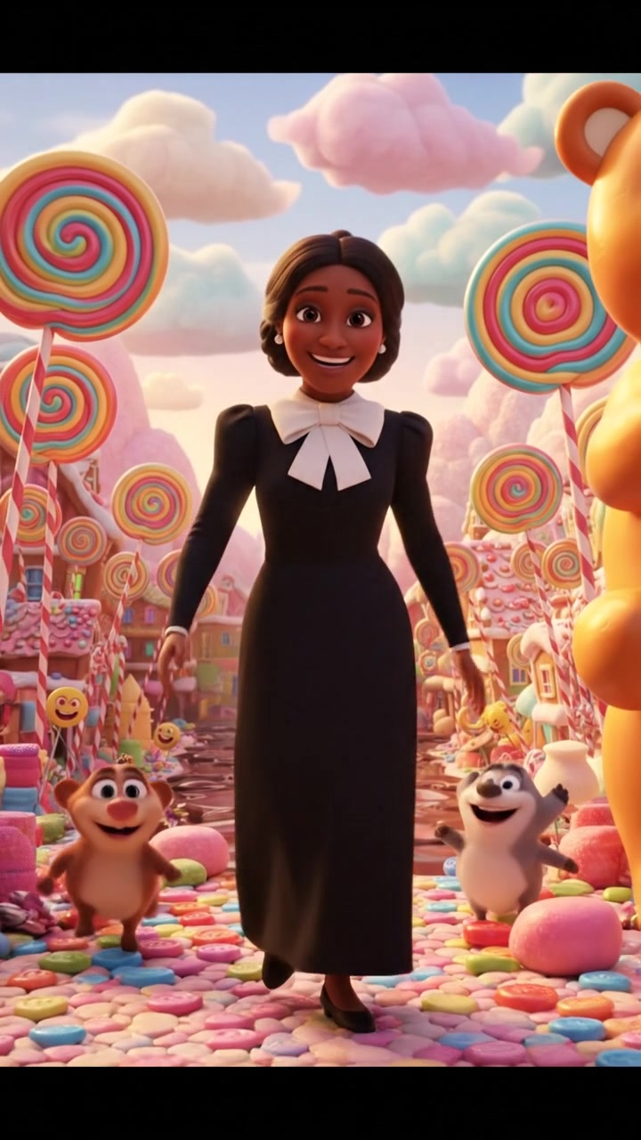 exploring a candy land filled with oversized sweets, bright colors and happy expressions