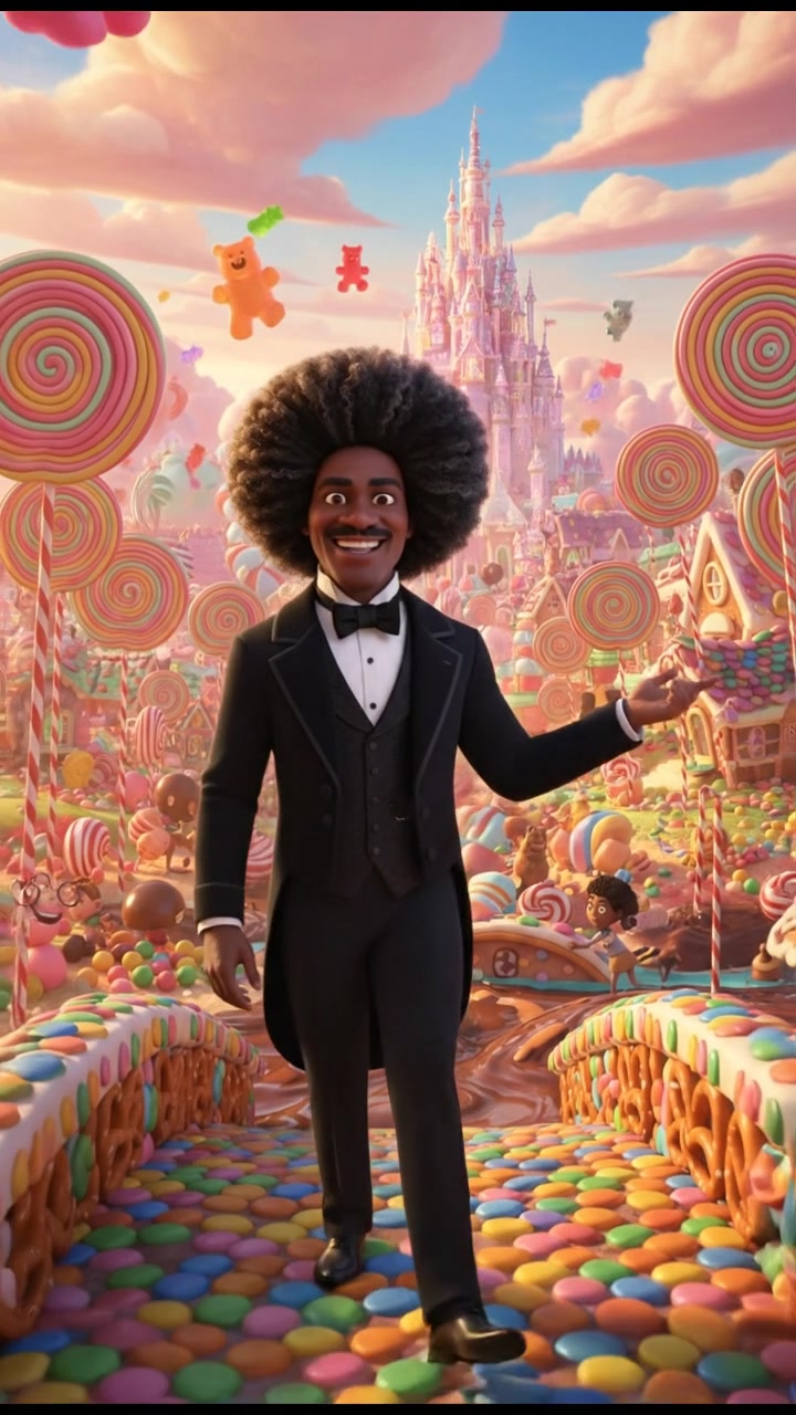 exploring a candy land filled with oversized sweets, bright colors and happy expressions