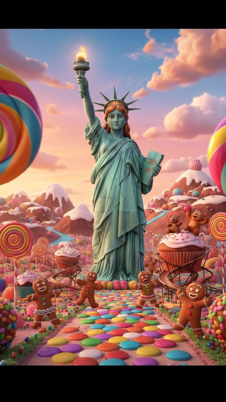 exploring a candy land filled with oversized sweets, bright colors and happy expressions