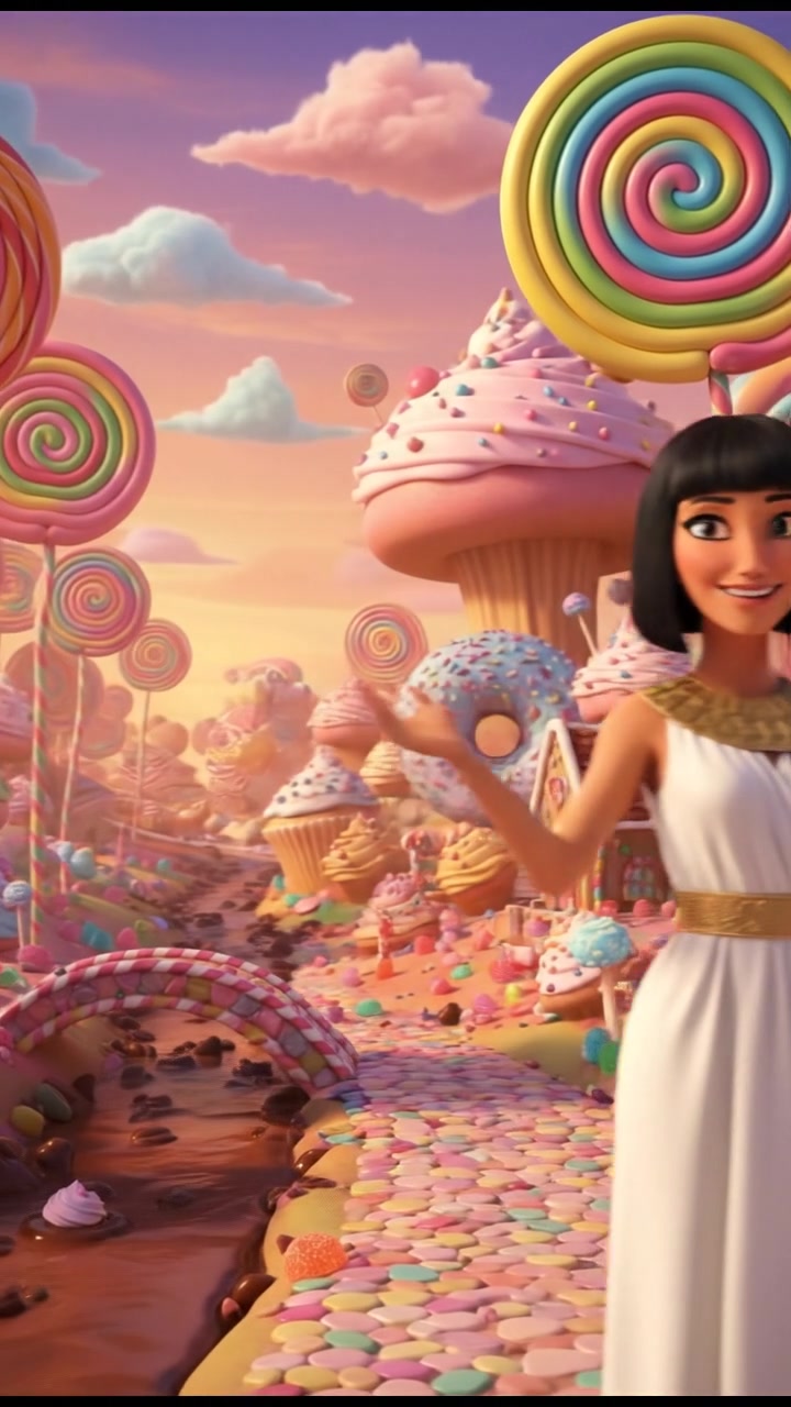 exploring a candy land filled with oversized sweets, bright colors and happy expressions