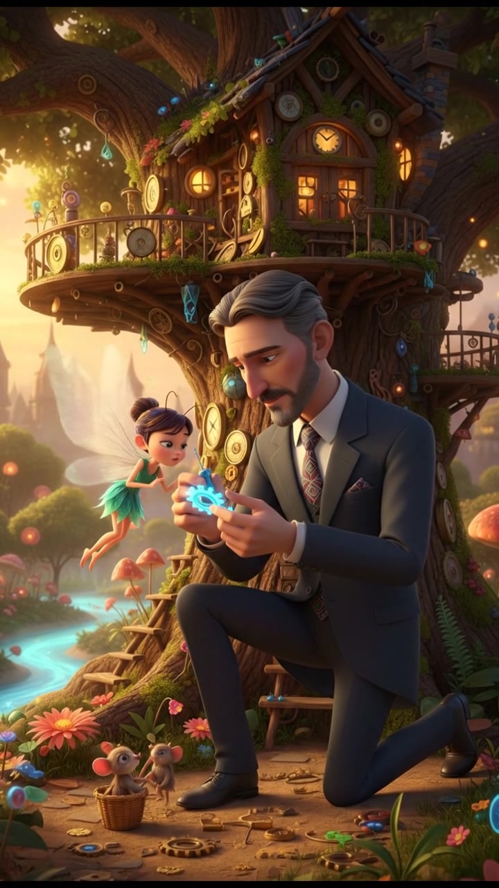 helping a tiny fairy or creature fix their home, gentle and caring moment