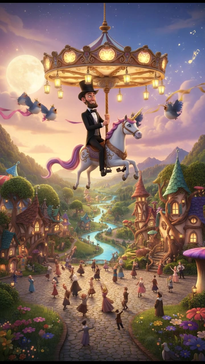 riding a carousel or flying through a fairytale village, joyful celebration and music in the air