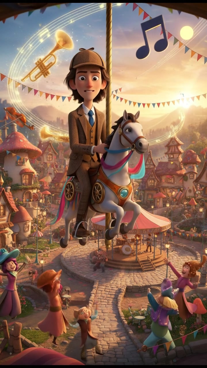 riding a carousel or flying through a fairytale village, joyful celebration and music in the air