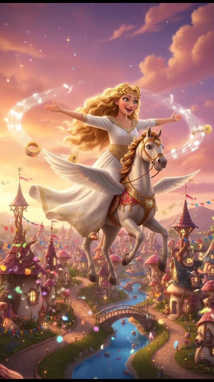 riding a carousel or flying through a fairytale village, joyful celebration and music in the air