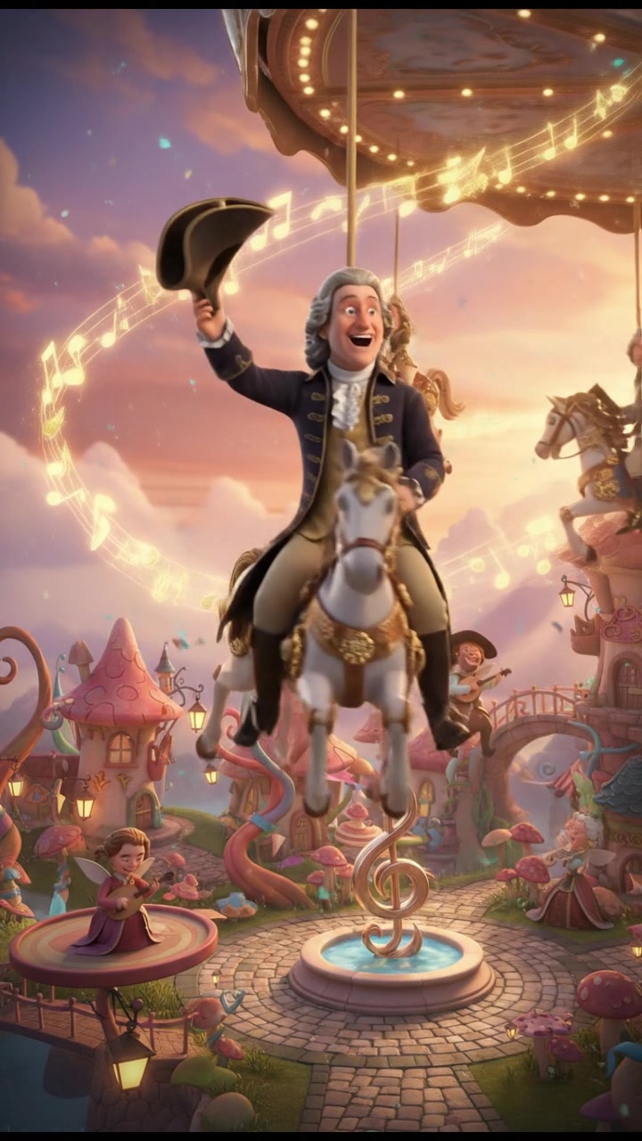 riding a carousel or flying through a fairytale village, joyful celebration and music in the air