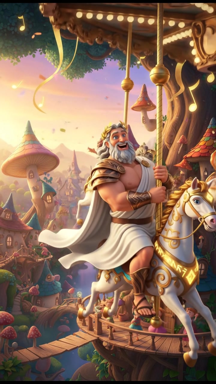 riding a carousel or flying through a fairytale village, joyful celebration and music in the air