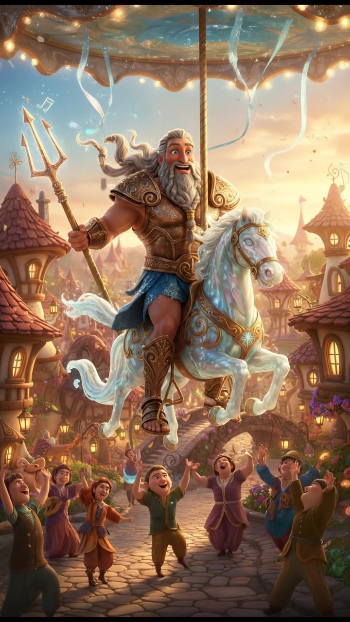 riding a carousel or flying through a fairytale village, joyful celebration and music in the air