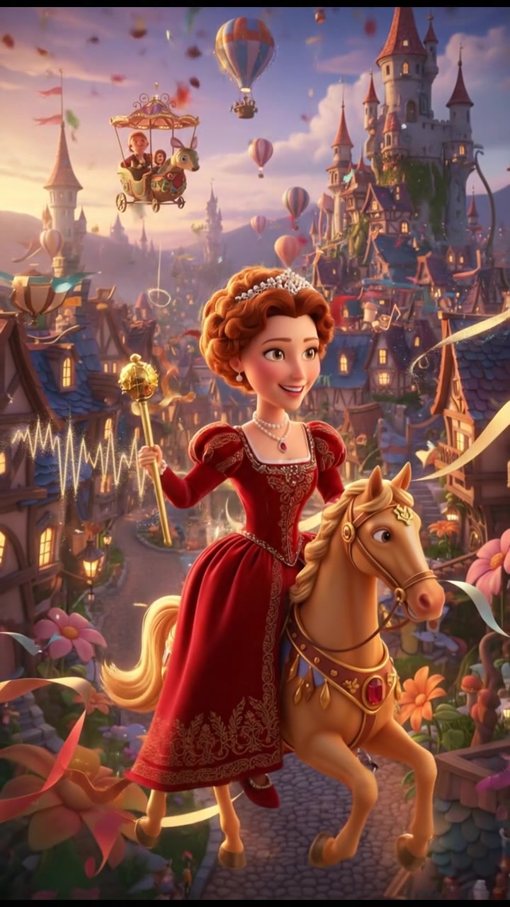 riding a carousel or flying through a fairytale village, joyful celebration and music in the air