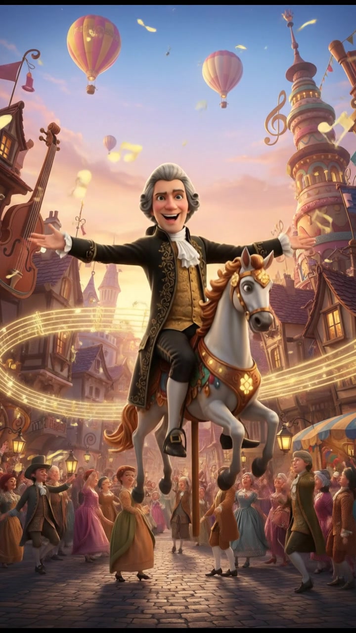 riding a carousel or flying through a fairytale village, joyful celebration and music in the air