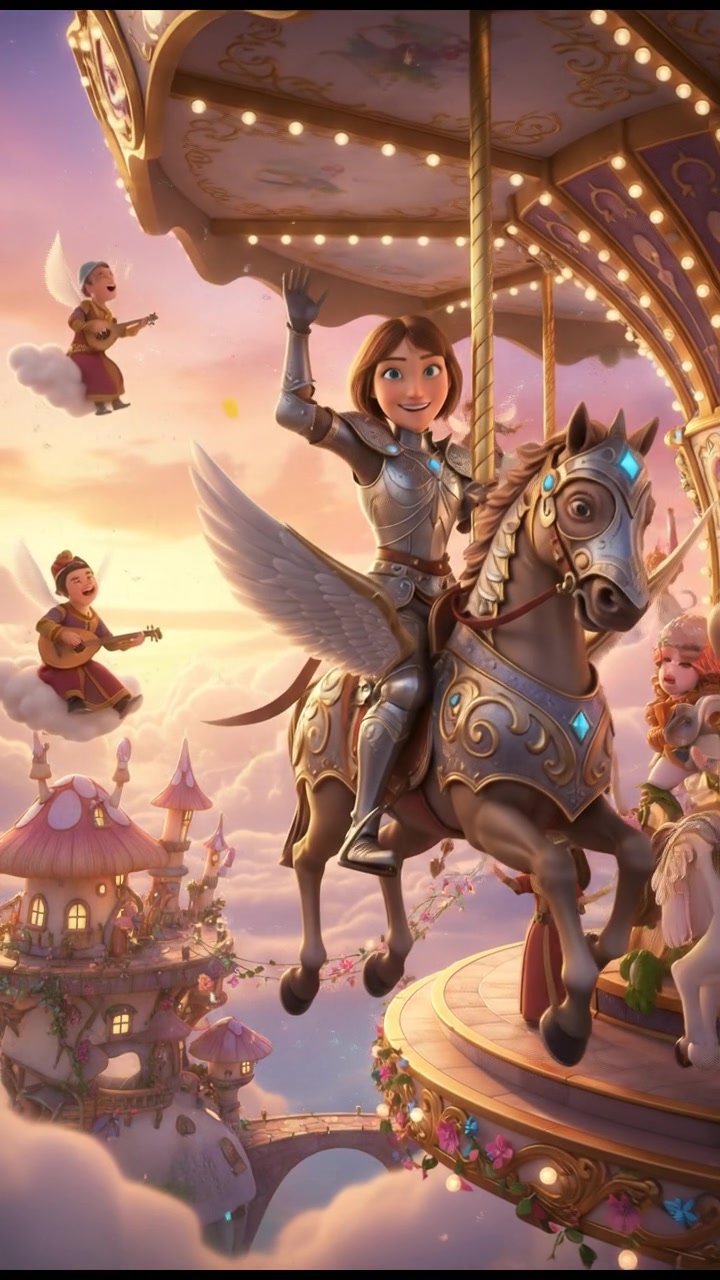 riding a carousel or flying through a fairytale village, joyful celebration and music in the air