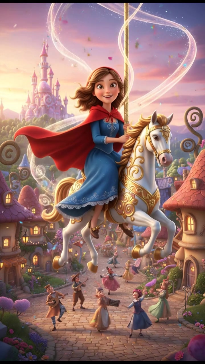 riding a carousel or flying through a fairytale village, joyful celebration and music in the air