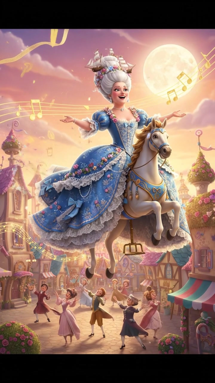 riding a carousel or flying through a fairytale village, joyful celebration and music in the air