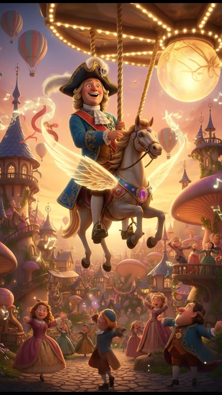 riding a carousel or flying through a fairytale village, joyful celebration and music in the air