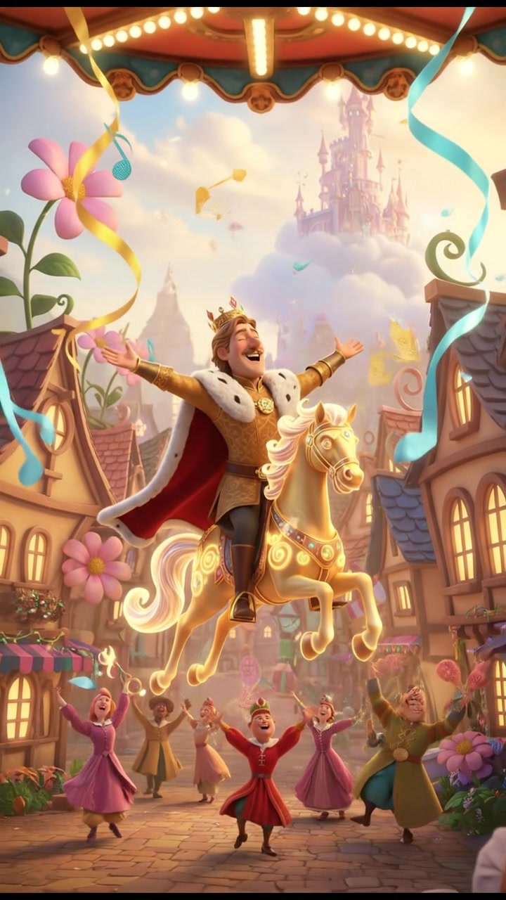 riding a carousel or flying through a fairytale village, joyful celebration and music in the air
