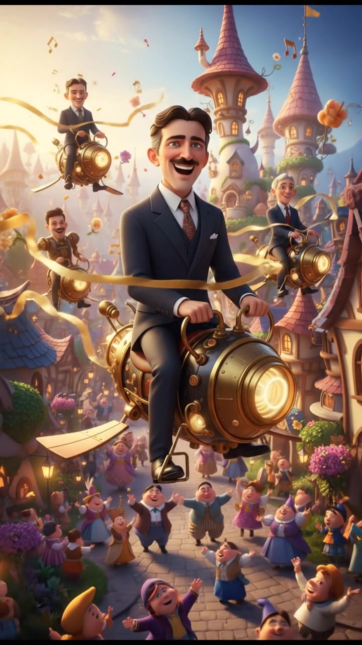 riding a carousel or flying through a fairytale village, joyful celebration and music in the air