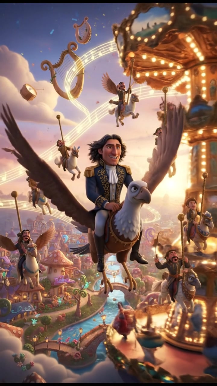 riding a carousel or flying through a fairytale village, joyful celebration and music in the air