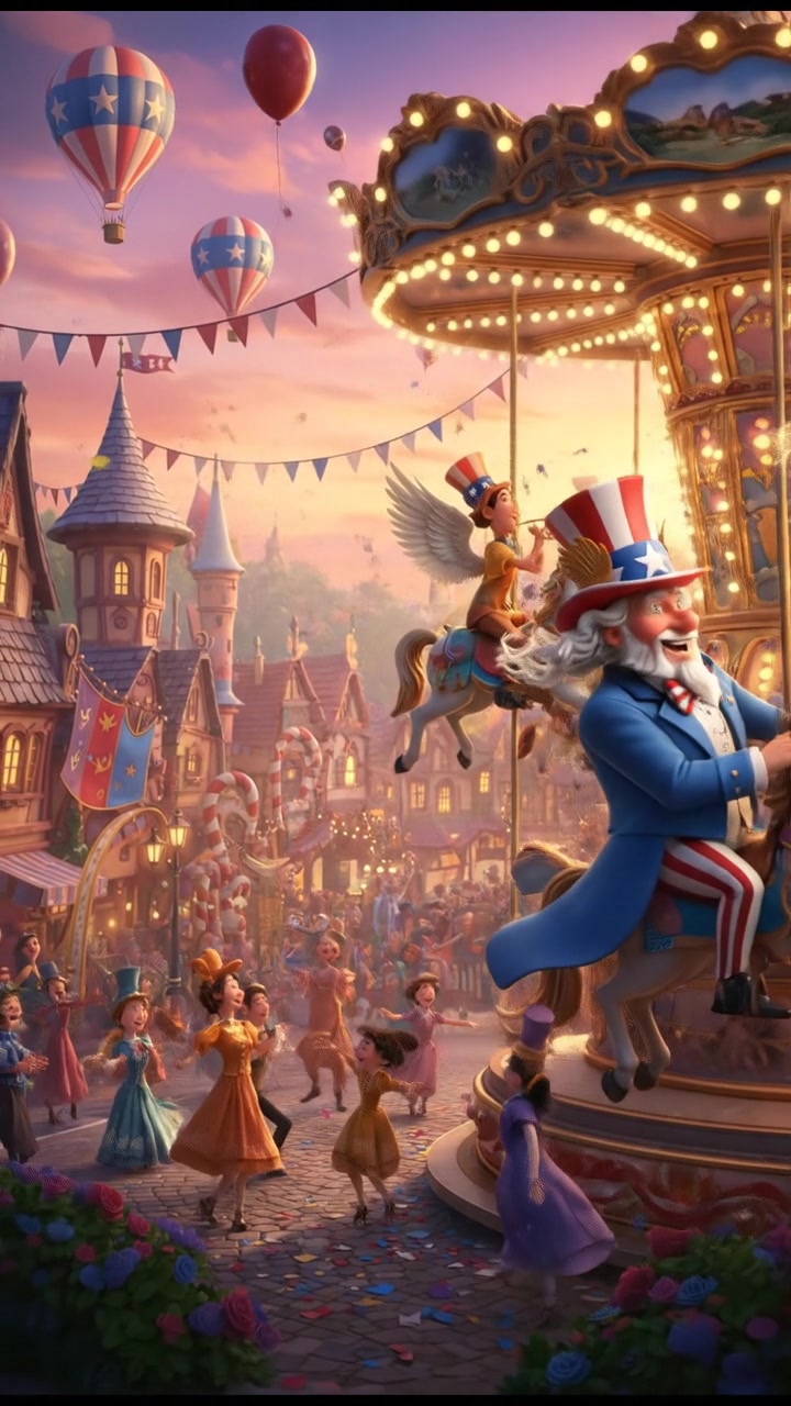 riding a carousel or flying through a fairytale village, joyful celebration and music in the air