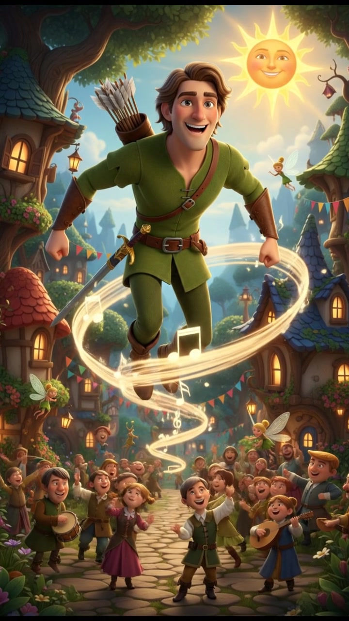 riding a carousel or flying through a fairytale village, joyful celebration and music in the air